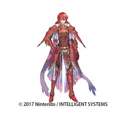  armor commentary_request female fire_emblem fire_emblem:_mystery_of_the_emblem fire_emblem_heroes full_body gloves headband izuka_daisuke looking_at_viewer minerva_(fire_emblem) official_art red_armor red_eyes red_hair short_hair solo standing 