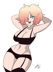  atropos_moirai_(xpisigma) bigdead borrowed_character breasts cleavage crop_top female hair_over_one_eye highres large_breasts original short_shorts shorts solo source_request 