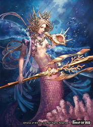  1boy air_bubble blonde_hair bubble commentary_request copyright_name coral crown dolphin fins fish force_of_will head_fins long_hair male_focus merman monster_boy niji2468 official_art photoshop_(medium) polearm solo submerged toned toned_male topless_male trident triton_(force_of_will) underwater weapon 