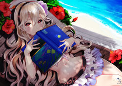  beach bikini bikini_bottom_only bikini_skirt blurry blurry_background blush book chair closed_mouth commentary_request corrin_(female)_(fire_emblem) corrin_(female)_(summer)_(fire_emblem) corrin_(fire_emblem) day dutch_angle female fingernails fire_emblem fire_emblem_fates fire_emblem_heroes flower hair_between_eyes head_tilt hibiscus kumehara_chiyota light_brown_hair long_hair looking_at_viewer lounge_chair lying navel official_alternate_costume on_back open_book outdoors pointy_ears purple_flower red_eyes red_flower sand signature smile solo swimsuit twitter_username very_long_hair water white_bikini 