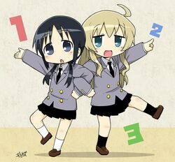  2girls ahoge aqua_eyes black_eyes black_hair blonde_hair chibi chito_(shoujo_shuumatsu_ryokou) commentary_request kill_me_baby locked_arms long_hair low_twintails motokazu_(dontokodon) multiple_girls parody school_uniform shoujo_shuumatsu_ryokou twintails yuuri_(shoujo_shuumatsu_ryokou) 