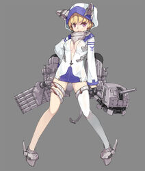  ass_visible_through_thighs blonde_hair breasts chinese_commentary cleavage collar commentary_request female fletcher_(warship_girls_r) full_body grey_background hood hoodie looking_at_viewer machinery medium_breasts no_bra photoshop_(medium) purple_eyes robot_ears short_hair single_thighhigh sleeves_past_wrists solo standing stmast thigh_strap thighhighs unzipped warship_girls_r 