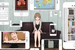  alarm_clock bare_legs barefoot book bookshelf brown_eyes brown_hair calendar_(object) cellphone clock commentary couch female hood hood_down hoodie indoors magazine_(object) map original painting_(object) phone short_hair sitting smartphone solo television thermostat yajirushi_(chanoma) 