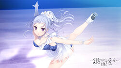  akino_subaru blue_eyes breasts cleavage female figure_skating figure_skating_dress flower gin&#039;iro_haruka hair_flower hair_ornament ice_skates ice_skating kisaragi_mizuha leg_up leotard medium_breasts photoshop_(medium) purple_eyes skate skates skating skirt solo 