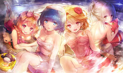  &gt;_&lt; 4girls :d animal bare_arms bare_shoulders barefoot blue_eyes blue_hair blush bow braid breasts brown_hair cleavage closed_eyes closed_mouth collarbone commentary_request ek_masato flower hair_between_eyes hair_flower hair_ornament hairbow hoshi_tanuki_(shironeko_project) light_brown_hair loussier_ellerensia lumiere_(shironeko_project) lying medium_breasts multiple_girls naked_towel night on_stomach onsen open_mouth outdoors partially_submerged photoshop_(medium) pink_bow red_eyes red_flower same-sex_bathing shared_bathing shironeko_project side_braid sierra_(shironeko_project) single_braid smile star_(symbol) tanuki tongue tongue_out towa_(shironeko_project) towel towel_on_head washpan water 