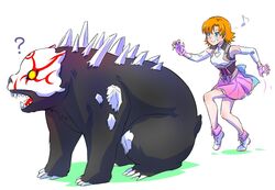  ? aqua_eyes bear commentary_request confused female fingerless_gloves gloves grimm_(rwby) grin iesupa nora_valkyrie orange_hair rwby smile sneaking spikes ursa_(rwby) 