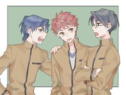  3boys angry blue_eyes blue_hair commentary_request emiya_shirou fate/stay_night fate_(series) gakuran glasses grey_hair homurahara_academy_school_uniform matou_shinji multiple_boys open_mouth orange_eyes orange_hair ryuudou_issei sara_(kurome1127) school_uniform short_hair upper_body wavy_hair yellow_eyes 