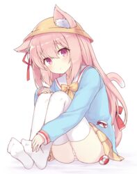  animal_ear_fluff animal_ears ass azur_lane blue_shirt blush bow bowtie brown_hat cat_ears cat_tail closed_mouth collarbone commentary_request ears_through_headwear female hair_between_eyes hair_ribbon hat innertube isao_(wasamoti) kindergarten_uniform kisaragi_(azur_lane) knees_up long_hair long_sleeves looking_at_viewer miniskirt no_shoes panties pink_eyes pink_hair pleated_skirt red_ribbon ribbon sailor_collar school_uniform shirt simple_background sitting skirt solo striped_clothes striped_panties swim_ring tail tail_ornament tail_ribbon teenage thighhighs underwear white_background white_panties white_sailor_collar white_thighhighs yellow_bow yellow_bowtie yellow_skirt 