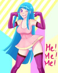  artist_name bangs bare_shoulders blue_hair blue_panties blunt_bangs blush breasts collarbone copyright_name covered_navel dress drooling elbow_gloves female female gloves hands_up happy heart heart-shaped_pupils highres jpeg_artifacts legs_apart light_blush long_hair looking_at_viewer me!me!me! medium_breasts meme_(me!me!me!) mezmaroon one_eye_closed open_mouth panties pink_dress pointing pointing_at_self purple_eyes purple_gloves purple_legwear saliva shiny shiny_hair short_dress signature sleeveless sleeveless_dress smile solo standing striped striped_panties symbol-shaped_pupils teeth thighhighs underwear very_long_hair wink 