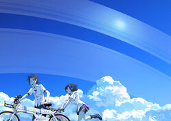  1boy alt_text bicycle black_hair brown_hair cloud collared_shirt commentary day female looking_at_viewer open_mouth original planetary_ring pushing_bicycle running scenery school_uniform shirt short_hair short_sleeves skirt sky tsukuba_masahiro 