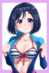  alternate_hairstyle bikini blue_hair blush bodysuit breasts cleavage collarbone commentary diving_suit female front-tie_bikini_top front-tie_top hair_ornament hairclip highres igarashi_kyouhei large_breasts looking_at_viewer love_live! love_live!_sunshine!! matsuura_kanan open_clothes open_wetsuit purple_eyes short_hair smile solo striped_bikini striped_clothes swimsuit upper_body wetsuit white_background 