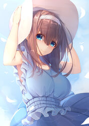  arms_up bare_arms blue_dress blue_eyes blue_sky blush breasts brown_hair closed_mouth cloud commentary_request day dress female hair_between_eyes hairband hands_on_headwear hat head_tilt highres idolmaster idolmaster_cinderella_girls idolmaster_cinderella_girls_starlight_stage jewelry long_hair medium_breasts nose_blush outdoors pendant petals sagisawa_fumika sky sleeveless sleeveless_dress smile solo tatapopo very_long_hair white_hairband white_hat 