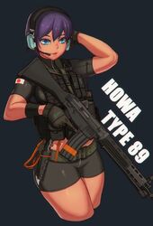  assault_rifle bad_id bad_pixiv_id bike_shorts blue_eyes bypos combat_knife female gloves gun headset howa_type_89 japanese_flag knife military military_operator original parted_lips purple_hair rifle short_hair skin_tight solo trigger_discipline weapon 