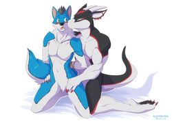  absurd_res aledonrex anthro blush bound canid canine canis dragon duo ear_piercing hi_res hybrid kissing kneeling male mammal mythological_creature mythological_scalie mythology piercing primus_(peter4331) scalie shinxx tail wolfdog 