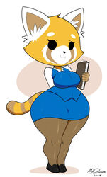  2018 aggretsuko ailurid anthro ass big_butt biped black_clothing black_legwear black_stockings bottomwear breasts clothed clothing digital_media_(artwork) ear_tuft female footwear fully_clothed hand_behind_back hi_res holding_object legwear mammal mehdrawings multicolored_tail pear-shaped_figure pencil_skirt red_panda retsuko sanrio shoes short_stack signature skirt smile solo stockings tail thick_thighs tuft wide_hips 