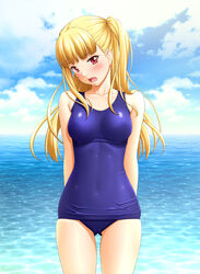  arms_behind_back blonde_hair blush cloud commentary_request covered_navel day female long_hair looking_at_viewer ocean old_school_swimsuit one-piece_swimsuit open_mouth outdoors red_eyes school_swimsuit sin-go sky solo swimsuit tokyo_7th_sisters two_side_up uesugi_u._kyouko water 