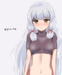  artist_name blush breasts commentary_request female grey_background grey_hair hair_ribbon highres kantai_collection long_hair looking_at_viewer medium_breasts midriff murakumo_(kancolle) murakumo_kai_ni_(kancolle) navel nose_blush one-hour_drawing_challenge orange_eyes ribbon saplus short_eyebrows sidelocks simple_background solo tress_ribbon undershirt upper_body 