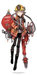  artist_name astg bad_id bad_twitter_id black_legwear black_shorts boots brown_eyes brown_hair female fire_helmet firefighter firefighter_jacket full_body helmet highres hose jacket knee_pads light_smile looking_at_viewer machinery mecha_musume original short_hair short_shorts shorts simple_background solo standing standing_on_one_leg watermark white_background 