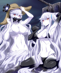  2girls abyssal_ship aircraft_carrier_princess alternate_costume arm_behind_head arm_up bikini black_bikini breasts colored_skin commentary_request drink drinking_straw flower hat hat_flower horns kantai_collection large_breasts long_hair looking_at_viewer mamiyama midway_princess multiple_girls navel one_side_up red_eyes sarong side-tie_bikini_bottom sitting swimsuit very_long_hair wariza white_bikini white_hair white_skin 