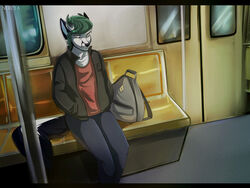  anthro biped black_bars black_nose black_sclera canid canine clothed clothing demien_(lis1us) demon detailed_background fluffy fluffy_tail fox green_hair hair hand_in_pocket hands_in_both_pockets hi_res horn inner_ear_fluff inside male mammal pockets rapid_transit sitting solo tail tiffico tuft white_eyes 