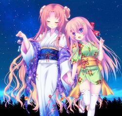  2girls bad_id bad_pixiv_id blue_eyes bow closed_eyes cowboy_shot floral_print flower_knight_girl gradient green_kimono hairbow hanamizuki_(flower_knight_girl) holding_hands japanese_clothes kimono long_hair mikoto_(mikoto_r_a) multiple_girls pink_hair plum_blossom_print print_kimono red_bow sash short_kimono short_yukata smile standing standing_on_one_leg thighhighs ume_(flower_knight_girl) white_kimono white_thighhighs yukata 