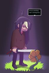  bandage black_hair buddy_armstrong clothing crossover dingaling_productions duo english_text female flowey_the_flower hair human lisa_the_joyful lisa_the_painful mammal melee_weapon monster not_furry plant poncho scar simple_background sugarkills sword text undertale undertale_(series) weapon 