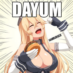  blonde_hair breasts burger cleavage closed_eyes commentary_request darkmaya daym_drops elbow_gloves emphasis_lines english_text female fingerless_gloves food front-tie_top gloves hair_between_eyes headgear iowa_(kancolle) kantai_collection large_breasts long_hair meme parody photoshop_(medium) profanity real_life solo star_(symbol) 