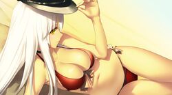  arm_support armpits bare_shoulders bikini blush bow breasts brown_bow cleavage closed_mouth commentary_request dutch_angle female from_side front-tie_bikini_top front-tie_top hand_on_headwear hand_up hat highres kawanakajima large_breasts long_hair lying navel on_side profile red_bikini rick_g_earth side-tie_bikini_bottom smile solo stomach swimsuit thigh_gap thighs very_long_hair white_hair yellow_eyes yellow_theme 