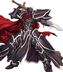  1boy alondite armor black_armor black_knight_(fire_emblem) cape commentary_request fire_emblem fire_emblem:_path_of_radiance fire_emblem_heroes full_armor full_body gauntlets helmet highres holding holding_sword holding_weapon izuka_daisuke male_focus official_art pauldrons red_cape shoulder_armor solo sword transparent_background weapon 