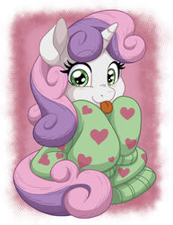  2017 absurd_res clothed clothing english_text equid equine female feral friendship_is_magic hair hasbro hi_res horn latecustomer looking_at_viewer mammal multicolored_hair my_little_pony mythological_creature mythological_equine mythology simple_background smile solo sweetie_belle_(mlp) text tongue tongue_out two_tone_hair unicorn white_background 