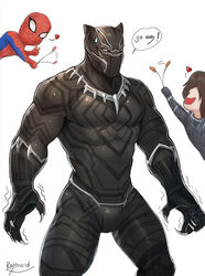  5_fingers anthro artist_name black_panther_(character) black_panther_(marvel) bodily_fluids claws english_text felid finger_claws fingers gesture group hand_gesture heart_symbol human humor male mammal marvel melanistic muscular muscular_male not_furry pantherine raymond158 simple_background solo_focus spider-man_(character) spider-man_(series) sweat sweatdrop text trio v_sign white_background winter_soldier 