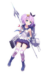  :d absurdres azur_lane black_ribbon blue_eyes blush boots camisole cannon commentary crown female full_body gloves green_eyes hair_ornament hair_ribbon highres holding holding_javelin javelin_(azur_lane) javelin_(spear) looking_at_viewer lyrae mini_crown multicolored_eyes open_mouth photoshop_(medium) pink_hair plaid plaid_skirt pleated_skirt purple_footwear purple_skirt ribbon simple_background single_glove skirt smile solo striped_clothes striped_thighhighs thighhighs torpedo turret white_background white_camisole white_gloves 