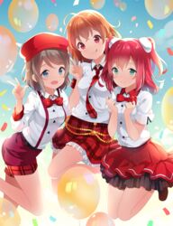  3girls :d :q ahoge aqua_eyes bad_id bad_pixiv_id balloon beret blue_eyes bow bowtie clenched_hands collared_shirt commentary confetti crossed_bangs cyaron!_(love_live!) english_commentary genki_zenkai_day!_day!_day! grey_hair hat hitsukuya jumping kurosawa_ruby looking_at_viewer love_live! love_live!_sunshine!! multiple_girls necktie open_mouth orange_hair plaid plaid_skirt red_bow red_bowtie red_eyes red_hair shirt short_hair short_sleeves shorts skirt smile standing standing_on_one_leg suspender_shorts suspenders swept_bangs takami_chika tongue tongue_out two_side_up w watanabe_you 