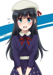  alternate_costume asashio_(kancolle) beret black_dress black_hair blazer blue_eyes blue_jacket bow bowtie commentary_request cowboy_shot dated dress female flying_sweatdrops hat highres jacket johssnny kantai_collection long_hair looking_at_viewer neck_ribbon one-hour_drawing_challenge open_mouth own_hands_together red_bow red_bowtie red_ribbon ribbon solo star_(symbol) star_print twitter_username two-tone_background white_hat 