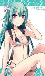  bikini breasts cleavage commentary_request dated feet_out_of_frame female flower green_hair hair_flower hair_ornament hebitsukai-san highres looking_at_viewer medium_breasts nagoya_(oshiro_project) navel oshiro_project:re purple_eyes sitting solo swimsuit twitter_username 