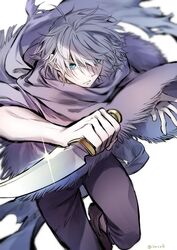  1boy bandages cloak commentary_request fringe_trim gloves green_eyes hair_over_one_eye knife looking_at_viewer male_focus oboro_keisuke octopath_traveler octopath_traveler_i scarf simple_background solo therion_(octopath_traveler) weapon white_background 