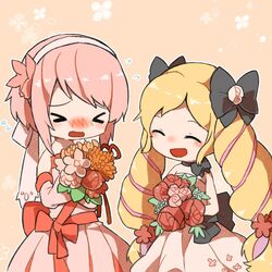  &gt;_&lt; 2girls black_bow blonde_hair blush bouquet bow closed_eyes commentary dress elise_(fire_emblem) fire_emblem fire_emblem_fates flower hairband hairbow holding holding_bouquet long_hair multicolored_hair multiple_girls open_mouth pink_hair purple_hair sakura_(fire_emblem) short_hair shunrai simple_background strapless strapless_dress twintails wedding_dress 