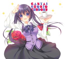  :d absurdres black_hair bow bowtie coffee commentary_request cup female flower gochuumon_wa_usagi_desu_ka? hair_ornament hairclip highres looking_at_viewer nakada_rumi open_mouth purple_eyes rabbit_house_uniform rose salute smile solo teacup tedeza_rize twintails waitress 