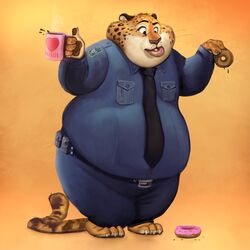  1:1 2016 anthro benjamin_clawhauser beverage cheetah clothed clothing coffee dessert digital_media_(artwork) disney doughnut felid feline food fur gamutfeathers hi_res male mammal obese obese_anthro obese_male overweight overweight_anthro overweight_male pastry police police_officer_eating_donut police_uniform shaded simple_background soft_shading solo uniform white_background zootopia 