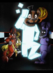  animatronic anthro bonnie_(fnaf) chica_(fnaf) clothing female five_nights_at_freddy&#039;s five_nights_at_freddy&#039;s_3 food foxy_(fnaf) foxyrtheorangekitty_(artist) freddy_(fnaf) glowing group hat headgear headwear hi_res hook machine male pizza robot scott_cawthon scottgames 