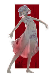  armpits bare_shoulders barefoot blood blood_in_hair blood_on_clothes bloomers blush breasts commentary female flower full_body glowing glowing_eyes hair_between_eyes hair_flower hair_ornament highres kudou_chitose looking_at_viewer midriff navel nijisanji open_clothes open_mouth outstretched_arms pink_ribbon pirapirapirapira red_background ribbon see-through short_hair sleeveless small_breasts smile solo underwear virtual_youtuber wavy_hair white_bloomers white_hair yellow_eyes 