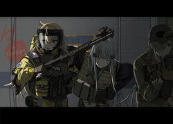  3girls absurdres bleeding blood bulletproof_vest commentary_request french_flag g36c_(girls&#039;_frontline) gas_mask gign girls&#039;_frontline gun highres hk416_(girls&#039;_frontline) injury jacket mask military_jacket military_operator multiple_girls photoshop_(medium) radio rainbow_six_siege s.a.t.8_(girls&#039;_frontline) shotgun weapon yitiao_er-hua 