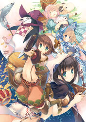  animal aqua_eyes aquaplus bird black_hair blonde_hair blue_eyes blush book brown_hair crown dress dungeon_travelers_2 fish gem gold grass green_eyes hat highres long_hair looking_at_viewer looking_back maid_headdress midriff multiple_girls penguin pink_hair saliva sheep short_hair side_slit sleeping star_(symbol) stuffed_animal stuffed_toy treasure_chest witch_hat 