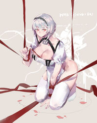  absurdres azur_lane between_legs breasts character_name cleavage commentary_request dress female full_body grey_hair hairband hand_between_legs highres kneeling large_breasts looking_at_viewer narakuuu pelvic_curtain petals photoshop_(medium) red_eyes ribbon short_hair short_sleeves sirius_(azur_lane) solo thighhighs thighs white_thighhighs 