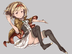  :o black_thighhighs blonde_hair breasts brown_eyes buttons cape commentary_request djeeta_(granblue_fantasy) dragon eyebrows female frilled_skirt frills granblue_fantasy green_ribbons grey_background hair_intakes highres index_finger_raised lplpsteven miniskirt panties pantyshot parted_lips plaid ribbon short_hair short_sleeves simple_background skirt small_breasts solo thighhighs underwear white_panties white_skirt 