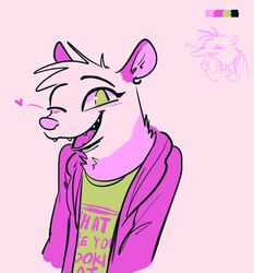  2019 american_opossum anthro blush clothed clothing color_swatch cool_colors ear_piercing ear_ring english_text female fuel_(artist) green_eyes half-length_portrait head_tuft heart_symbol jacket looking_at_viewer mammal marsupial one_eye_closed open_clothing open_jacket open_mouth open_smile open_topwear piercing pink_background portrait restricted_palette ring_piercing shirt simple_background smile solo text text_on_clothing text_on_shirt text_on_topwear topwear tuft virginia_opossum wink zelda_(fuel) 