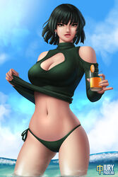  artist_name bare_shoulders bikini bikini_bottom_only black_hair blue_sky breasts cleavage cleavage_cutout clothes_lift clothing_cutout commentary commission day dress drink earrings english_commentary female fubuki_(one-punch_man) green_eyes iury_padilha jewelry large_breasts lifting_own_clothes navel ocean one-punch_man photoshop_(medium) pinky_out short_hair side-tie_bikini_bottom sky solo sweater sweater_dress sweater_lift swimsuit wading 