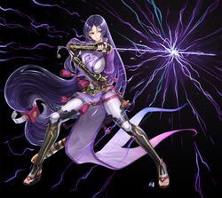  absurdly_long_hair black_background black_gloves blue_eyes bodysuit bracer breasts commentary_request expressionless fate/grand_order fate_(series) female fingerless_gloves full_body gloves highres holding holding_sword holding_weapon katana large_breasts lightning long_hair looking_at_viewer low-tied_long_hair mhg_(hellma) minamoto_no_raikou_(fate) purple_hair sandals sheath simple_background solo sword unsheathed very_long_hair weapon 