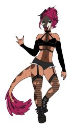  4:7 alpha_channel alternative_fashion anthro artist_name biped black_boots black_clothing black_footwear black_topwear bodypaint boots bottomwear breasts brown_body clothed clothed_anthro clothed_female clothing colored devil_horns_(gesture) devlog:_a_post-modern_college_experience dinosaur dromaeosaurid face_paint feathered_tail feathers female fingers fishnet_clothing fishnet_leggings fishnet_legwear footwear full-length_portrait gesture goth green_eyes hair hand_gesture hi_res hotpants humanoid_hands leggings legwear looking_at_viewer markings medium_breasts medium_hair microraptor navel non-mammal_navel open_mouth outline portrait pose prehistoric_species purple_body purple_feathers purple_hair rebecca_(devlog) reptile saurischian scalie scaredofbunnies shoes shorts simple_background skimpy solo spots spotted_markings standing tail text theropod tongue tongue_out topwear torn_clothing torn_leggings torn_legwear transparent_background white_outline 