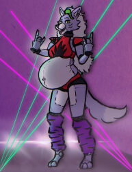  animatronic anthro barbell_piercing belly big_belly canid canine canis clothing crop_top devil_horns_(gesture) digitigrade ear_piercing ear_ring ear_stud female five_nights_at_freddy&#039;s five_nights_at_freddy&#039;s:_security_breach fur gesture grey_body grey_fur hand_gesture hi_res hybrid laser leg_warmers legwear linea_nigra looking_at_viewer machine mammal moscoviumdraws navel navel_barbell navel_piercing outie_navel piercing pregnant pregnant_anthro pregnant_female pregnant_robot ring_piercing robot roxanne_wolf scottgames shirt solo steel_wool_studios topwear wolf yellow_eyes 